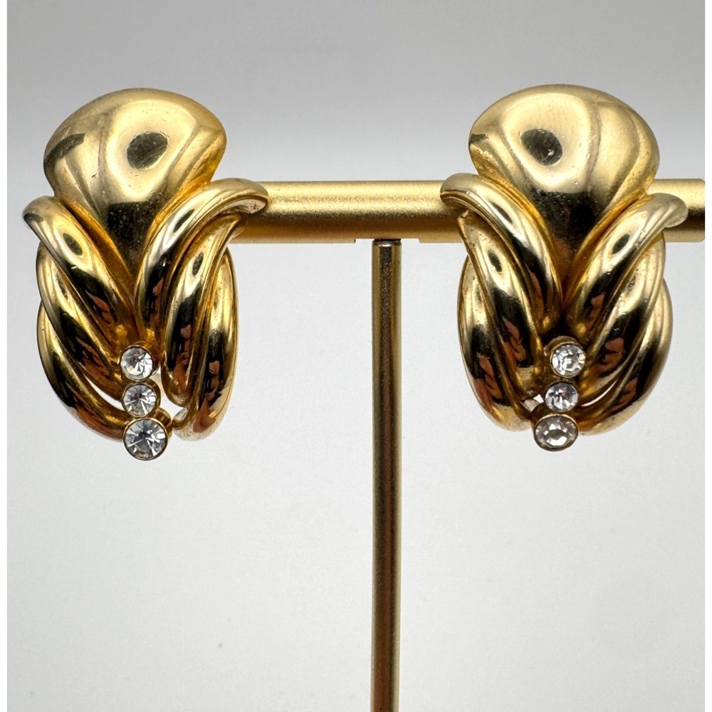 Vintage Swirl Earrings Gold Tone Rhinestone Accent Clip On